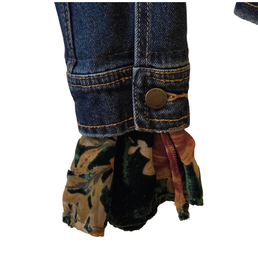 Upcycled Denim Jacket with Floral Sheer Green Panel Inlays Ruffled Sleeves XS - Picture 7 of 14